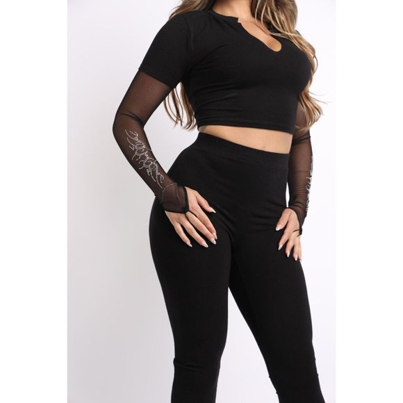 Women's Mesh Contrast Top and Matching Leggings Outfit Set Super Cute Sexy XS-3X - Picture 11 of 11